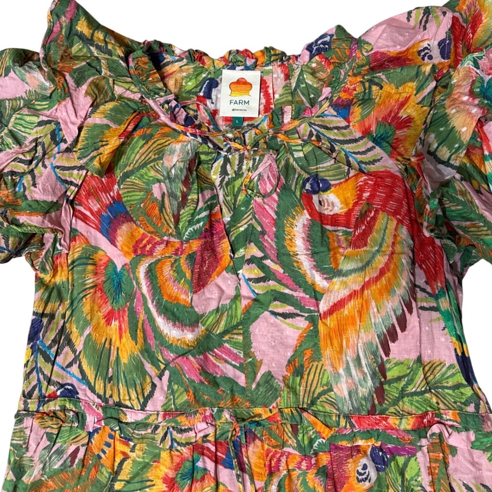Farm Rio Pink Tropical Parrot Tiered Maxi Dress Flutter Sleeve Womens Size L - Picture 5 of 10